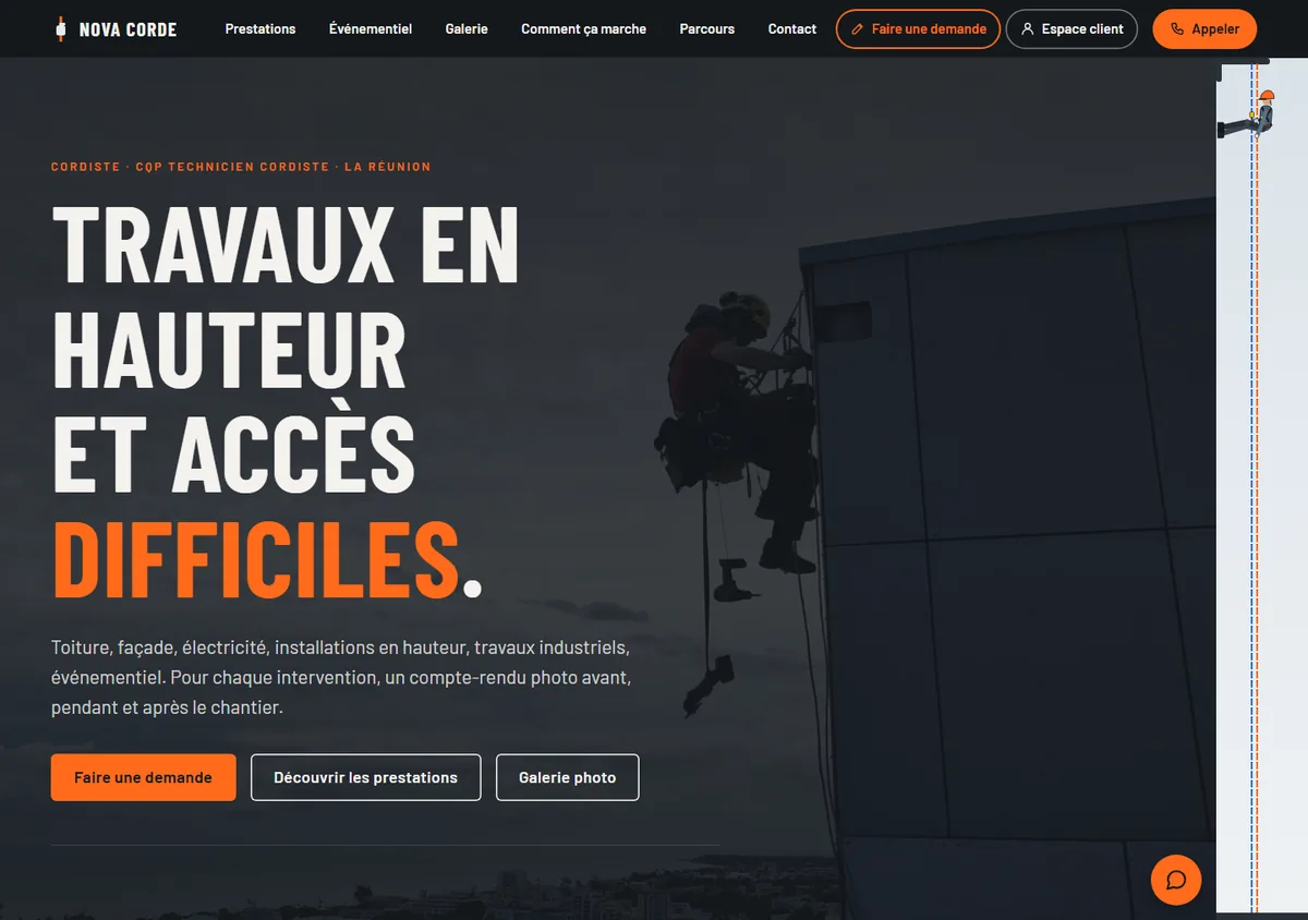 Page d'accueil du site de NOVA CORDE, cordiste à La Réunion : travaux en hauteur et accès difficiles